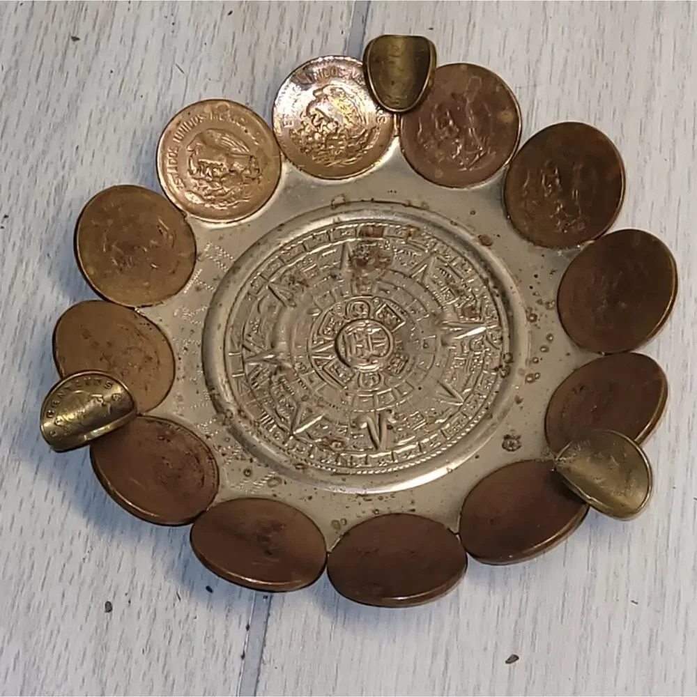 Vtg Aztec Calendar Mexican Coin Ashtray Catch All Dish Handmade MCM